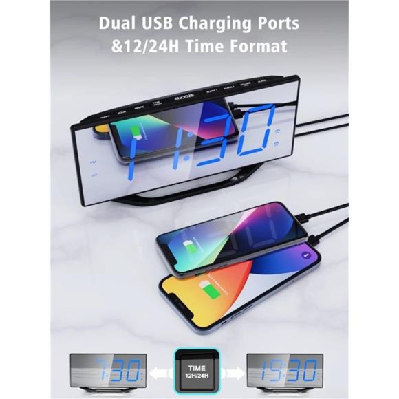 Alarm Clock Bedroom,8.7"Big Display Digital LED Mirror Clock with 2 Alarms - Picture 2 of 6